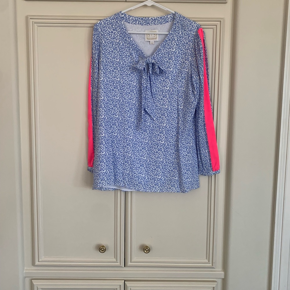 Sail to Sable Blue and Pink Blouse with Tie Front and Sailor Collar